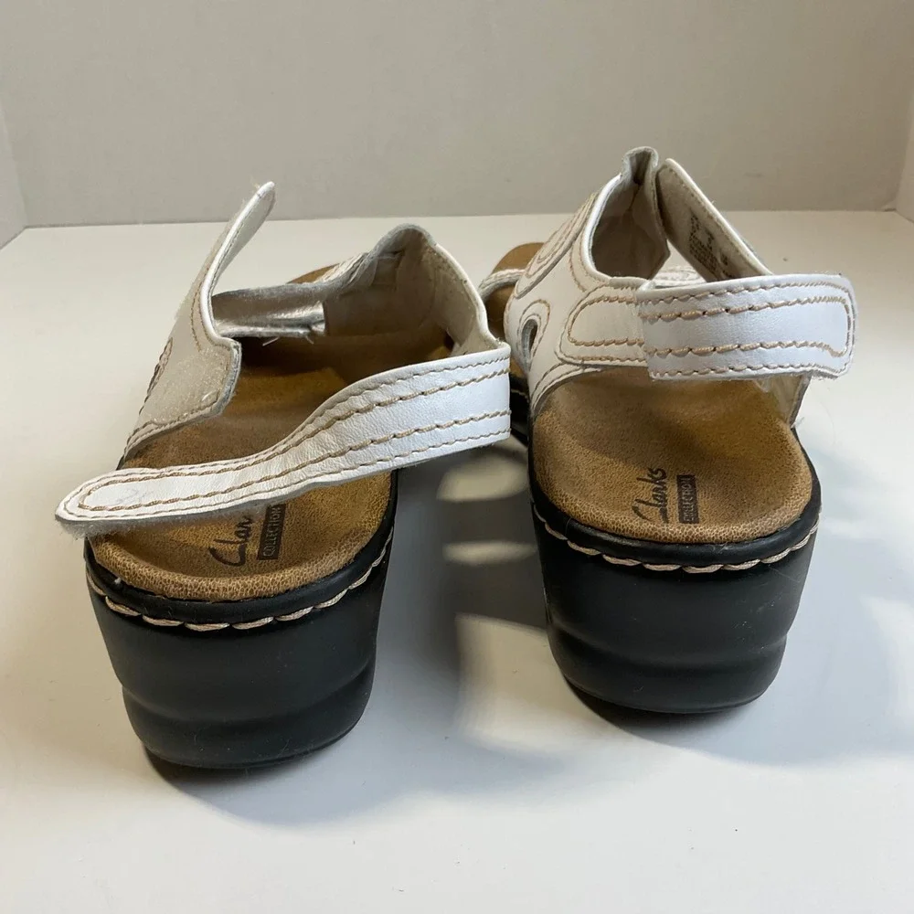 Clarks Collection Lexi Walnut Q White Leather Wedge Sandals Womens 8M 26065782